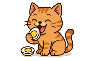 Ilustración de un gato naranja feliz comiendo huevo duro. Imagen para entrada sobre si los gatos pueden comer huevo.