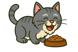 Caricatura de un gato senior gris con expresión tranquila y feliz comiendo de su platito, ideal para ilustrar la alimentación felina en la vejez