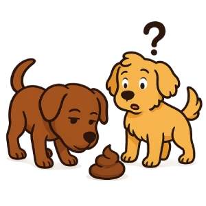 Ilustración estilo caricatura de dos perros: uno huele la caca del otro y lo observa sorprendido. Imagen representativa del comportamiento de comer caca de otros perros.