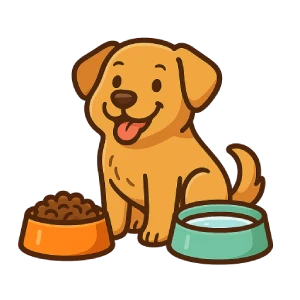 "Perro feliz comiendo alimento saludable y tomando agua limpia en platos separados. Imagen representativa de alimentación y cuidados del perro."