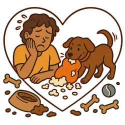 Ilustración de una persona y un perro con expresion de arrepentimiento tras una adopción complusiva. Imagen representativa del error de adoptar sin pensar, para entrada sobre errores comunes al adoptar