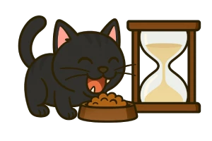 Caricatura de un gato negro feliz comiendo de un platito junto a un reloj de arena, representando los tiempos de alimentación felina