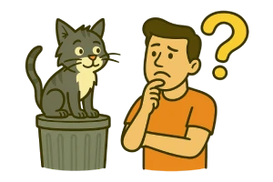 Caricatura de un gato sobre un cesto de basura con expresión curiosa, junto a una persona que duda si está perdido o es callejero, con un signo de pregunta que representa la incertidumbre