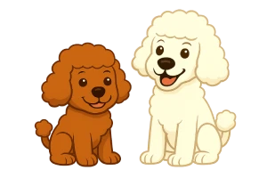 lustración caricaturesca de dos caniches sentados uno al lado del otro sobre fondo blanco: uno marrón de mayor tamaño y otro blanco más pequeño, ambos con expresiones alegres y pelaje rizado, representando la diversidad y simpatía de la raza caniche.