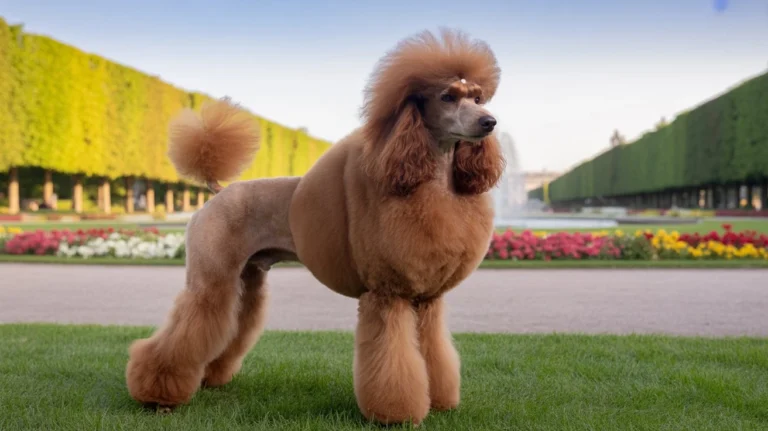 "Caniche marrón con corte elegante posando en un jardín, perro de compañía ideal por su inteligencia y carácter cariñoso."