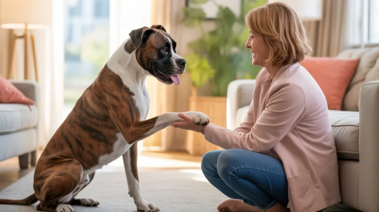 Perro dando la pata a su dueña en casa