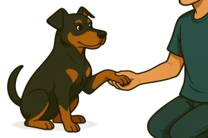Ilustración en estilo caricaturesco que muestra a un perro sentado dando la pata a su dueño, ideal para acompañar contenido sobre entrenamiento canino. La imagen transmite confianza, vínculo y aprendizaje positivo.
