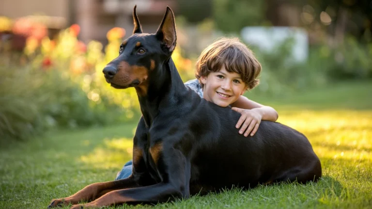 "Niño con un dóberman en el jardín