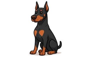 Ilustración caricaturesca de un perro Doberman sentado, con expresión noble y cuerpo estilizado, sobre fondo blanco