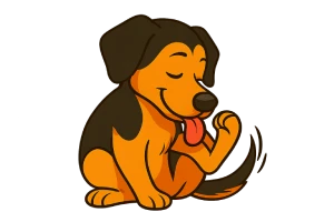 Perro caricaturesco sentado, lamiéndose la pata delantera con expresión relajada y saludable. Estilo cálido y humorístico, sin fondo.