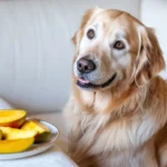 Perro junto a un plato con mango partido