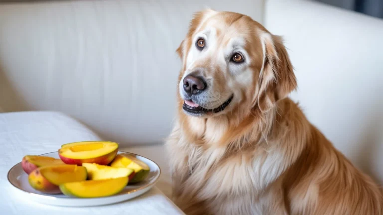 Perro junto a un plato con mango partido