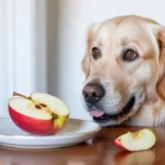 Perro mirando un plato con manzana partida