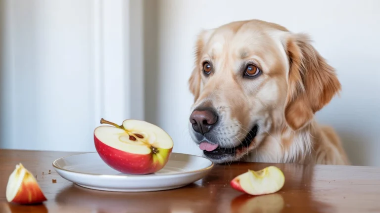 Perro mirando un plato con manzana partida