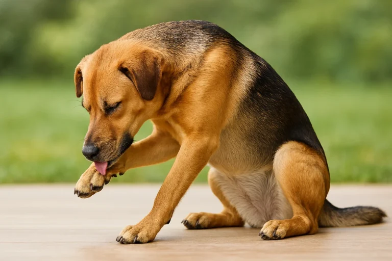 Perro sentado sobre piso claro, lamiéndose la pata delantera.