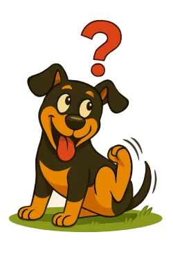 Ilustración animada de un perro rascándose con la pata trasera, con un signo de interrogación sobre su cabeza. Imagen representativa para la sección de preguntas frecuentes sobre por qué mi perro se rasca.