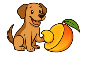 Perro caricaturesco pelando un mango con expresión alegre; sostiene la parte sin cáscara mientras la otra mitad conserva la piel, representando cómo debe consumirse el mango