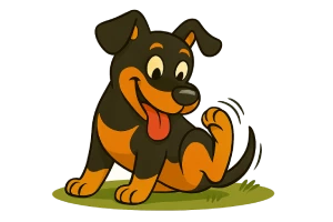 Ilustración caricaturesca de un perro alegre sentado en el césped, rascándose con la pata trasera. El estilo es dibujo animado, colorido y expresivo, ideal para contenido sobre salud y cuidados de perros.