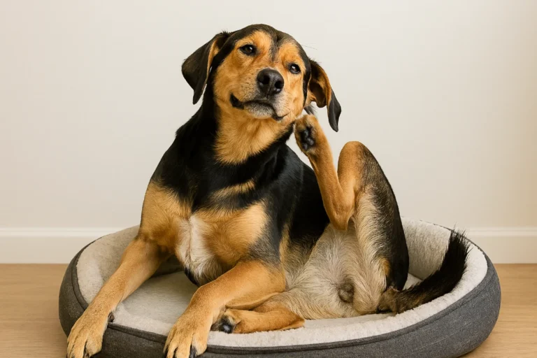 Perro rascándose en su cucha, imagen sobre por qué mi perro se rasca