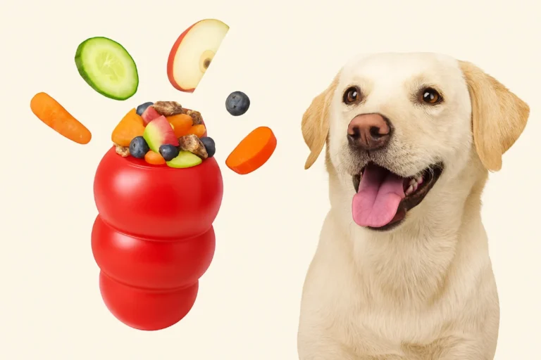 Imagen realista de un labrador feliz junto a un Kong rojo relleno con ingredientes naturales como manzana, zanahoria, pepino, arándanos y batata, sobre fondo claro