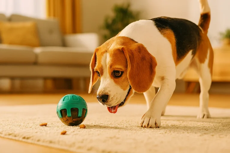 Beagle jugando con una pelota interactiva dispensadora de comida en casa, un ejemplo de juguetes interactivos para perros.