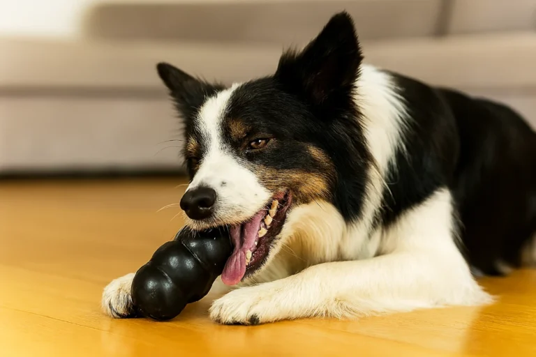 Border Collie adulto muerde un juguete KONG negro relleno de comida sobre el piso de madera en una sala hogareña. Imagen destacada para la guía sobre cómo usar el KONG con tu perro.