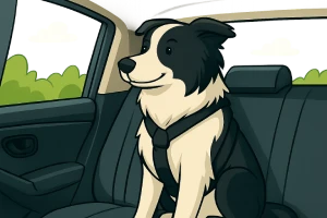 Ilustración estilo dibujo animado de un perro Border Collie sentado en el asiento trasero de un auto moderno, con arnés de seguridad. El perro se ve tranquilo, mirando por la ventana hacia un paisaje verde con cielo azul. Interior del coche en estilo caricatura colorido y amigable.