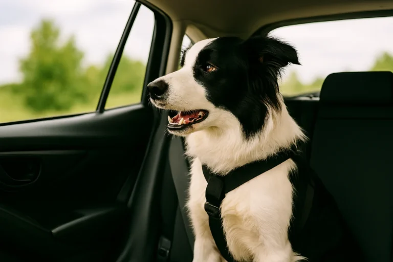 Border Collie sentado en el asiento trasero de un auto moderno, con arnés y cinturón de seguridad. Imagen representativa de cómo llevar a un perro en el auto de forma segura.