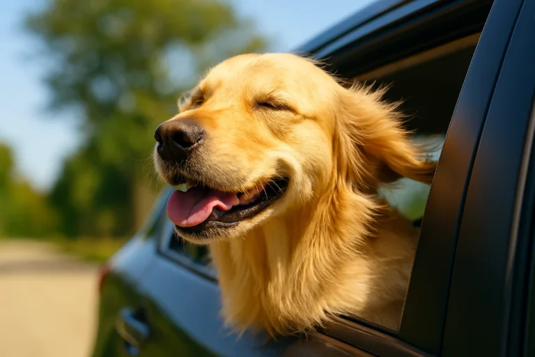 Golden Retriever feliz con la cabeza afuera de la ventana de un auto en movimiento, disfrutando del paseo en un día soleado.