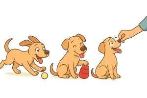 Ilustración estilo caricatura sin fondo: tres perros felices en distintas escenas. Uno corre con una pelota (ejercicio físico), otro juega con un Kong relleno (estimulación mental), y el tercero recibe una golosina de su dueño (refuerzo positivo). Colores suaves, expresiones alegres.