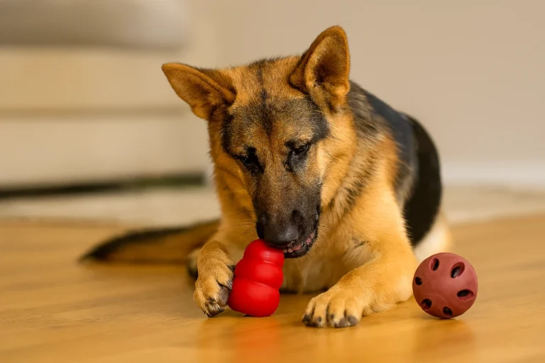 Pastor Alemán jugando con un juguete KONG rojo relleno de comida, acompañado de una pelota dispensadora de snacks sobre el piso de madera. Imagen destacada para artículo sobre juguetes rellenos de comida para perros