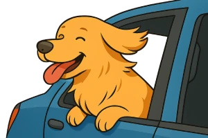 Ilustración estilo caricatura de un perro simpático tipo Golden Retriever asomado por la ventana de un auto, con expresión alegre y orejas movidas por el viento. Colores vivos, líneas limpias, fondo transparente, formato horizontal.