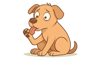 Ilustración estilo caricatura de un perro sentado, lamiéndose la pata con expresión de ansiedad leve o aburrimiento. Colores suaves, fondo transparente, transmite inquietud sin parecer enfermo.