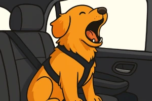 Ilustración estilo dibujo animado de un perro tipo Golden Retriever sentado en el asiento trasero de un auto moderno, ladrando con la boca abierta y usando un arnés de seguridad. Interior del coche visible con ventana, sin fondo exterior.