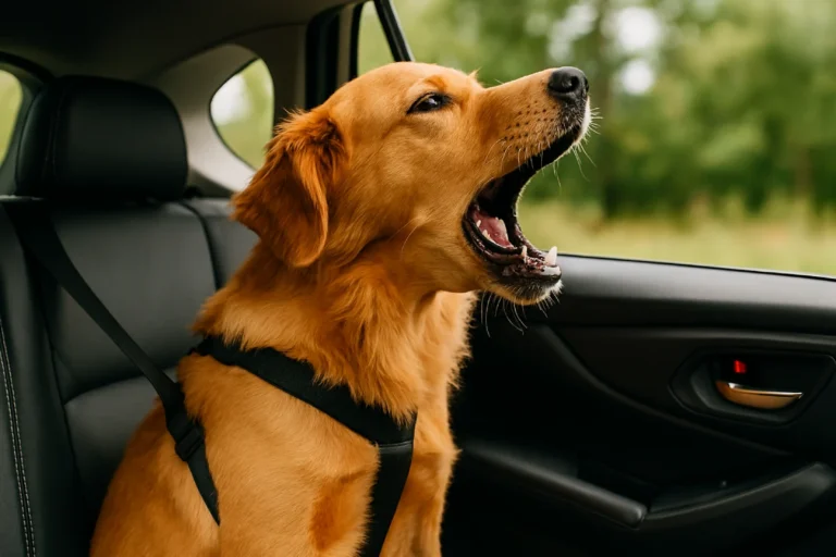 Perro de raza golden retriever sentado en el asiento trasero de un auto, ladrando con la boca abierta y usando arnés de seguridad. Imagen representativa de qué hacer si un perro ladra en el auto.