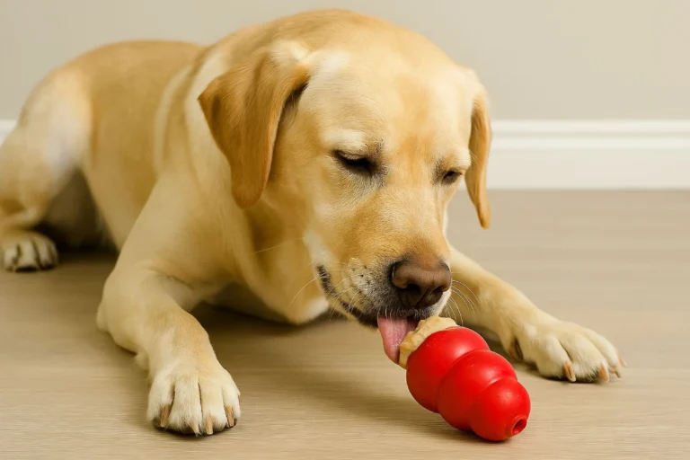 Perro Labrador adulto disfrutando un juguete KONG rojo relleno de comida casera, acostado en el piso de una casa. Imagen representativa de receta para rellenar el KONG en Gardelog.