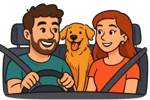 Ilustración estilo caricatura de una pareja sonriente viajando en auto con su perro Golden Retriever en el asiento trasero, orejas al viento y expresión feliz. Dibujo colorido, limpio, sin fondo, en formato horizontal.