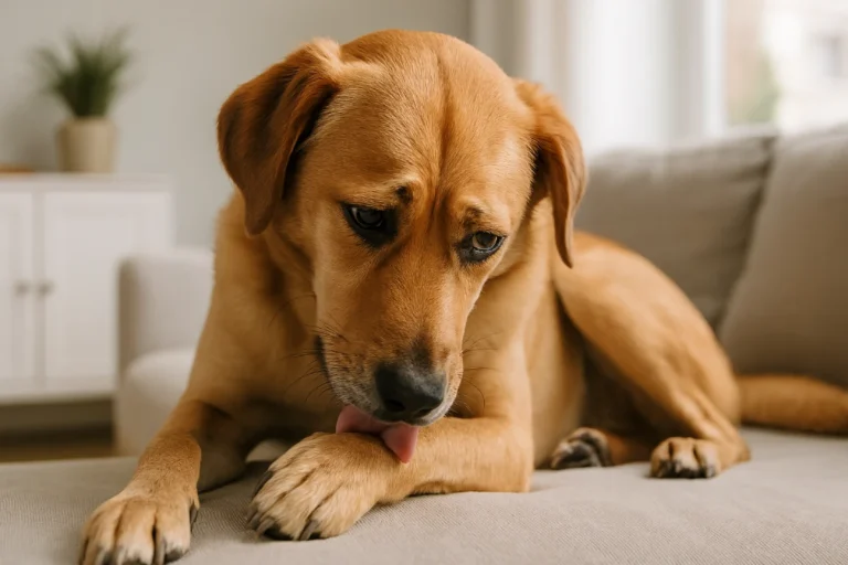 Perro realista lamiéndose la pata sobre un sillón, representando el lamido excesivo por ansiedad o aburrimiento en casa.