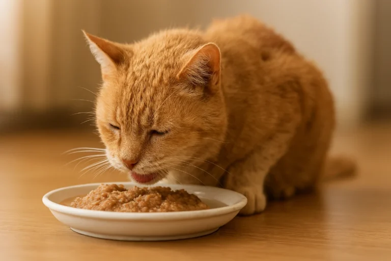 Gato mayor comiendo comida blanda de un plato blanco sobre el piso, en un ambiente cálido y tranquilo. Imagen realista sobre cómo alimentar a un gato mayor con pocos dientes.