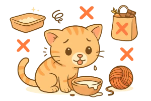 Ilustración educativa estilo caricatura que muestra a un gatito confundido frente a tres errores comunes en su cuidado: bebiendo leche de vaca, jugando con hilo y usando arena perfumada. El diseño es tierno, con colores cálidos y fondo transparente, ideal para contenido sobre bienestar felino.