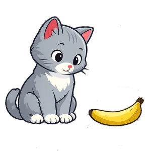Ilustración en caricatura de un gato observando una banana sin comerla, representando la duda sobre si los gatos pueden comer banana.