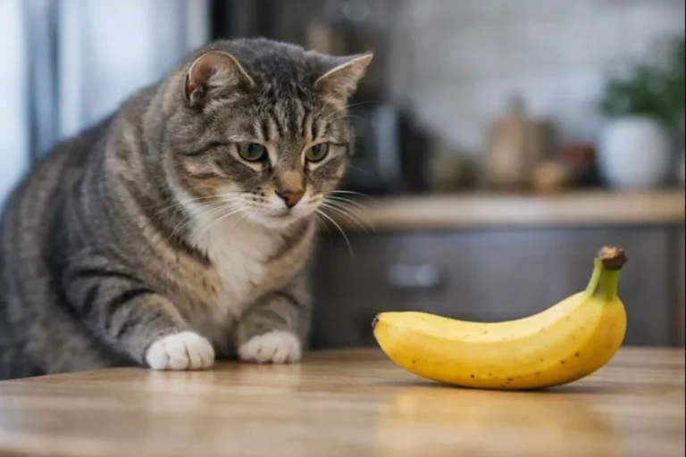 Gato adulto mirando una banana sobre una mesa, representando la duda sobre si los gatos pueden comer banana.