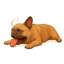 Ilustración semi-realista de un Bulldog Francés echado sobre el suelo, con la boca abierta y la lengua afuera, mostrando respiración rápida. Tres líneas onduladas sobre su cabeza representan el calor. Fondo transparente, sin elementos adicionales.