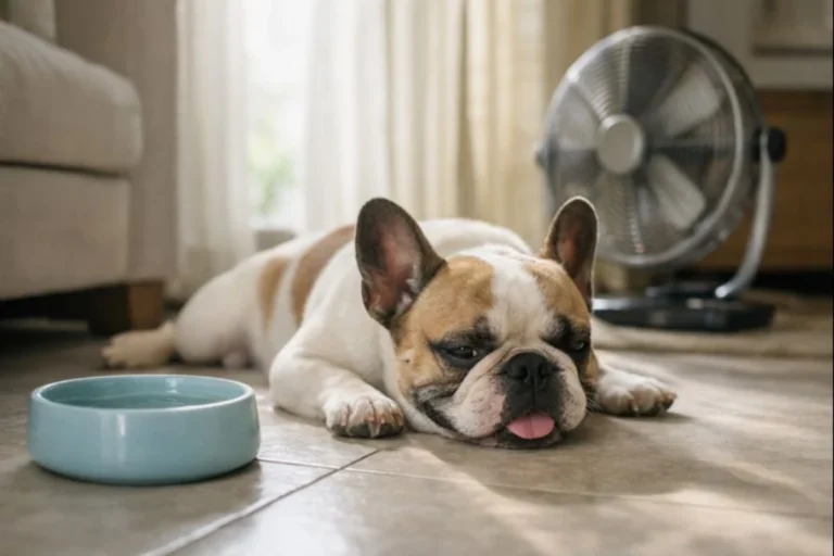Bulldog francés en el interior de una casa, recostado sobre el piso fresco con agua cerca y ventilación, en una situación de prevención del golpe de calor