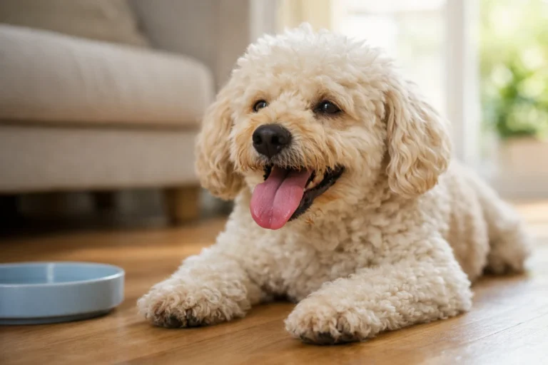 Caniche jadeando dentro de un hogar, con la lengua afuera, mostrando un síntoma temprano de golpe de calor en perros.