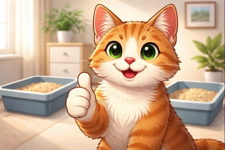 Ilustración en caricatura de un gato levantando el pulgar frente a dos cajas de arena, representando la cantidad adecuada de cajas de arena para un gato en casa.