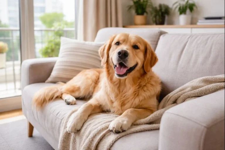 Perro tranquilo y bien cuidado descansando dentro de un departamento luminoso, representando una convivencia equilibrada y saludable en espacios pequeños.