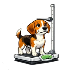 Ilustración en caricatura de un perro mediano tipo Beagle midiéndose en una balanza, representando cuánto crecen los perros medianos y su tamaño adulto.