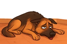 Ilustración en estilo caricatura de un pastor alemán adulto recostado en el suelo, con postura caída y expresión de agotamiento. El perro tiene la cabeza baja, ojos entrecerrados, orejas caídas y la lengua apenas afuera, transmitiendo debilidad y falta de energía. El ambiente muestra luz natural intensa y líneas sutiles de calor, en un entorno hogareño simple con tonos cálidos apagados. La escena comunica claramente un estado de alerta por golpe de calor.