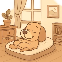 Caricatura de un perro marrón acostado plácidamente en su cama dentro de un departamento sencillo y ordenado. El perro tiene expresión tranquila, ojos cerrados y patas cruzadas. El estilo es de dibujo animado suave, sin fondo ni texto.